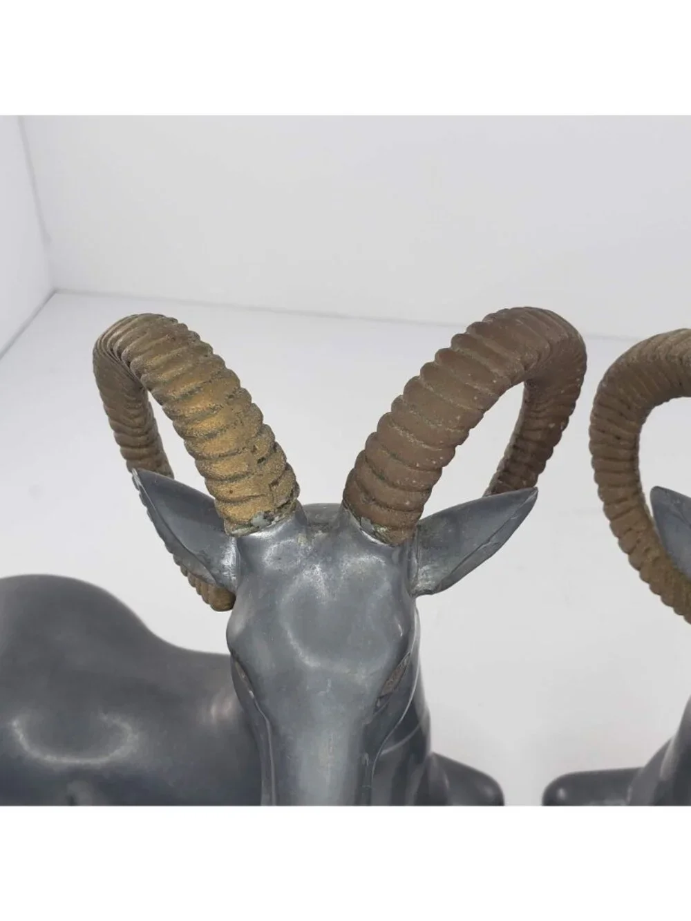 Art Deco Pewter Brass Ram Antelope Ibex Bookend Pair Vintage 1930s